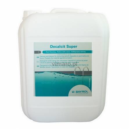 BAYROL DECALCIT SUPER 
-  skoncentrowany detergent w płynie do ogólnego czyszczenia basenów. Skutecznie usuwa osady wapnia, brudu, rdzy i innych zanieczyszczeń w basenach i na ich obrzeżach, w sanitariatach i szatniach. Prparat ma teraz ulepszoną formułę - ma postać lepkiego żelu o zwiększonej skuteczności, dzięki czemu lepiej przywiera do ścian i pozostaje tam przez dłuższy czas. Opakowanie: kanister 10 litrów

Kontakt:
tel. 604 551 268, e-mail: biuro@vimaro.pl